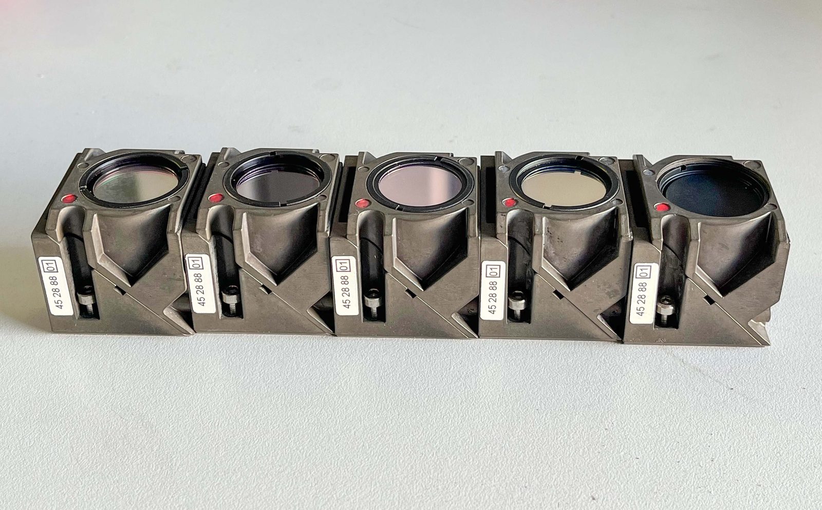 Four fluorescence cubes and one polarizing cube